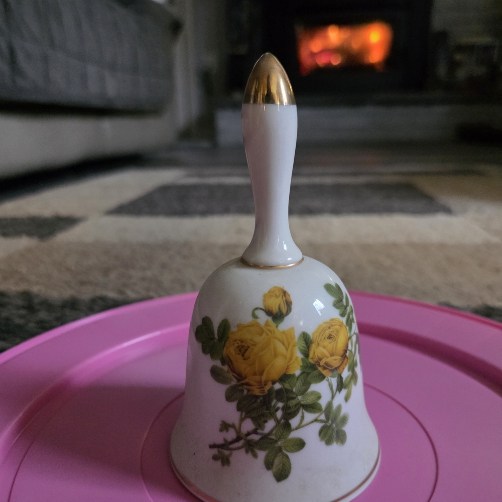 Enesco White and Gold Bell with Yellow Floral Design Made In Japan